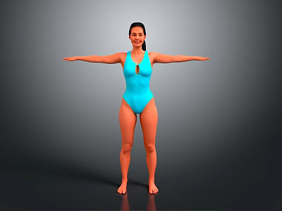 Woman In Blue One Piece Swimsuit Standing With Arms Outstretched On Gray Background 3d model