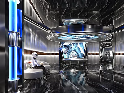 Modern KTV Lounge With Black And Blue Tones Lighting Design Large Screen And Astronaut Decor 3d model
