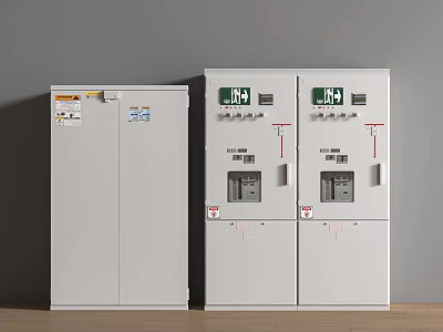 Row of Electrical Control Cabinets Featuring Green Indicators and Control Panels 3d model