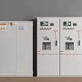Row of Electrical Control Cabinets Featuring Green Indicators and Control Panels 3d model