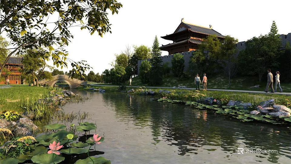 Serene Chinese Garden Landscape With Pond Lotus Leaves Pink Flowers Traditional Building And People Walking 3d model 