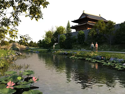 Serene Chinese Garden Landscape With Pond Lotus Leaves Pink Flowers Traditional Building And People Walking 3d model