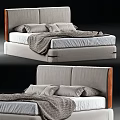 Modern Double Bed With Wooden Frame Upholstered Headboard And Soft Pillows