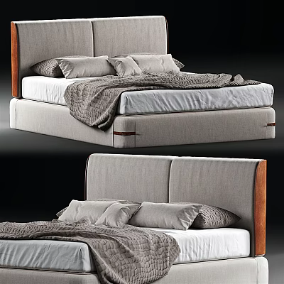 Modern Double Bed With Wooden Frame Upholstered Headboard And Soft Pillows 3d model