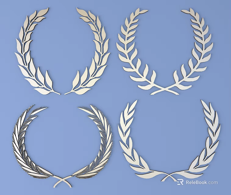 Laurel Wreath Wall Decor with Crossed Leaves in Light and Dark Tones 3d model 