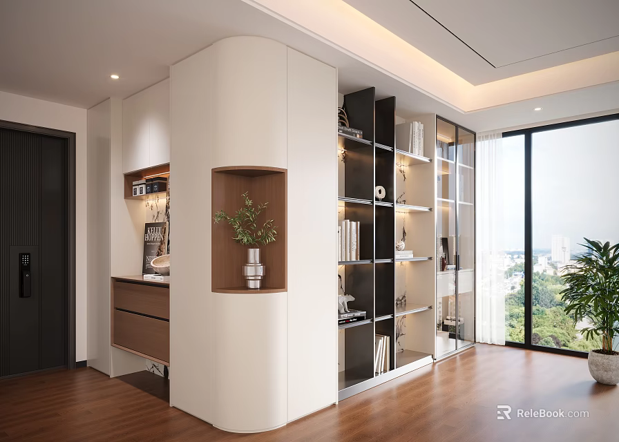 Modern Decorative Cabinet In Bright Living Room With Books Decor And Potted Plant 3d model 