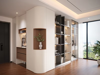Modern Decorative Cabinet In Bright Living Room With Books Decor And Potted Plant 3d model