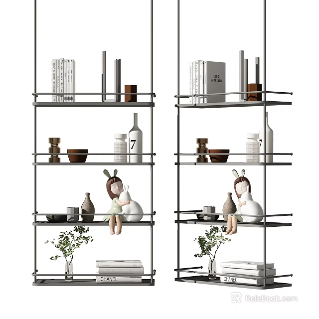 Modern Black Metal Shelving Unit with Books Decorative Items Green Plant Vase and Storage Bowls 3d model 