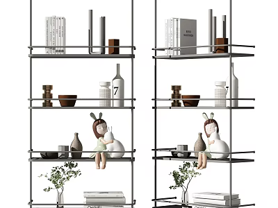 Modern Black Metal Shelving Unit with Books Decorative Items Green Plant Vase and Storage Bowls 3d model