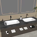 Bathroom Vanity With Double Sinks Marble Countertop Wall Mirrors And Storage Shelf