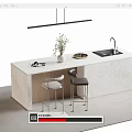 Modern Bar Counter With Marble Top Sink Plant Magazines Hanging Light And Two Stools