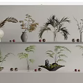 Light Colored Vases with Ferns Palm Twigs and Golden Balls on White Wall Shelf Decoration