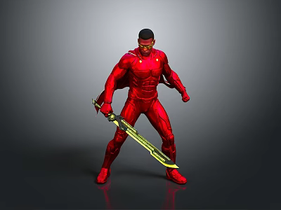 Male Superhero In Red Suit With Red Cape Holding Yellow Sword 3d model