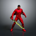 Male Superhero In Red Suit With Red Cape Holding Yellow Sword