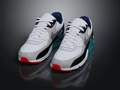 White Athletic Sneakers With Teal Side Panels Red Outsole Black Trim And White Shoelaces 3d model