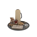 Elegant Decorative Ornament Set With Brass Kettle Cinnamon Sticks Tea Cup Macarons And Sugar Cubes On Tray