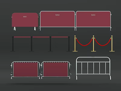 Event Crowd Control Barriers With Red EXIT Signs Gold Ropes And Metal Barricades 3d model
