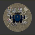 Blue Robot Standing on Ground With Scattered Money Bills