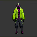 Stylish Hooded Green Jacket with Purple Accents Dark Pants and Pink Shoes