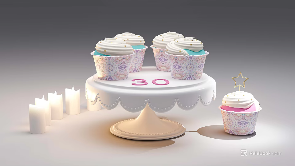 Decorative Ornament Set With Cupcakes On Cake Stand Number 30 Candles And Star Decoration 3d model 