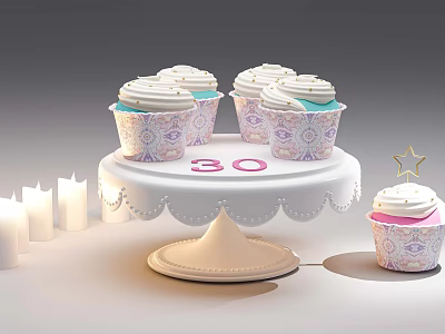 Decorative Ornament Set With Cupcakes On Cake Stand Number 30 Candles And Star Decoration 3d model