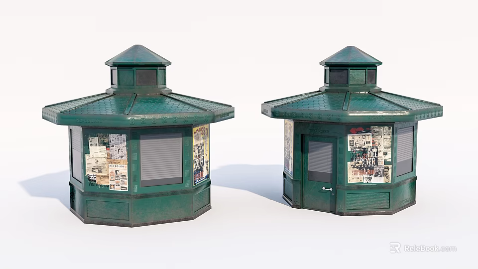 Green Octagonal Street Kiosks With Rooftop And Poster Covered Windows 3d model 