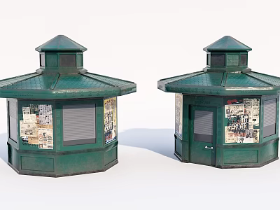 Green Octagonal Street Kiosks With Rooftop And Poster Covered Windows 3d model