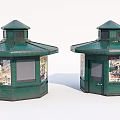 Green Octagonal Street Kiosks With Rooftop And Poster Covered Windows