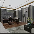 Modern Office Interior Design With Wooden Desk Chairs Pendant Light Artwork And Area Rug