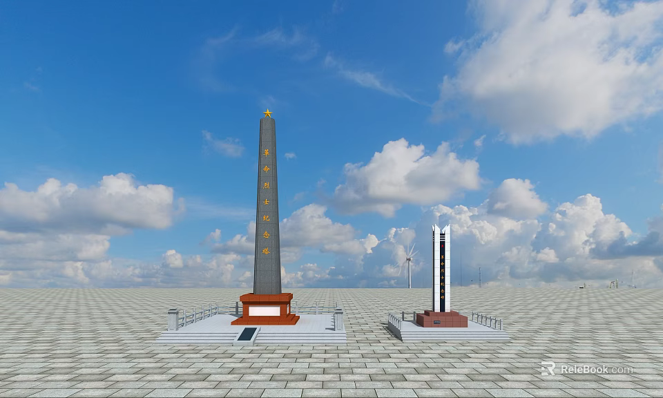Two Monument Structures With Red Bases In Open Plaza Under Blue Sky 3d model