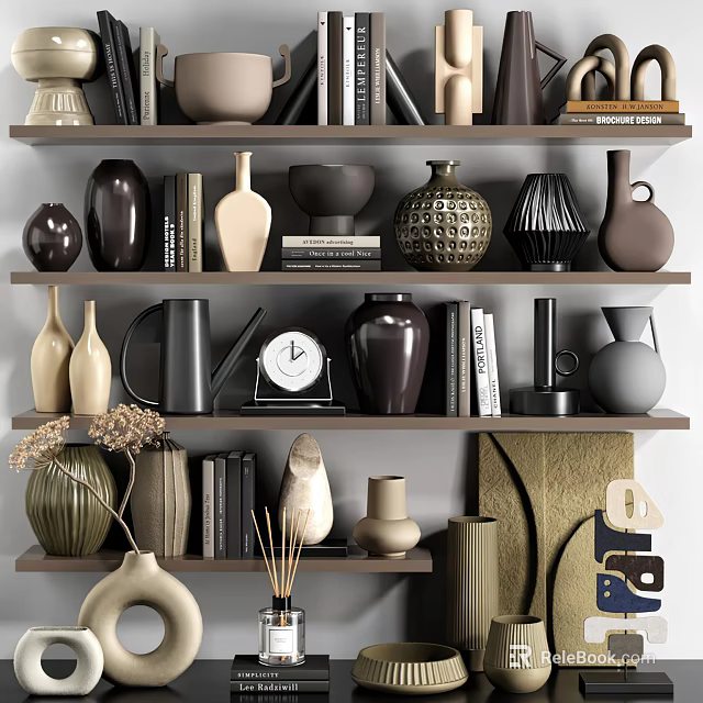 Modern Ceramic Vessels And Decorative Pieces On Shelves With Books And Various Styles 3d model 