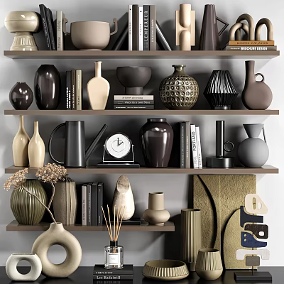 Modern Ceramic Vessels And Decorative Pieces On Shelves With Books And Various Styles 3d model