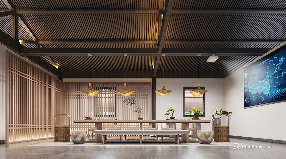 Modern Tea House Interior With Wooden Ceiling Pendant Lights Long Table And Plants 3d model 