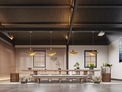 Modern Tea House Interior With Wooden Ceiling Pendant Lights Long Table And Plants 3d model