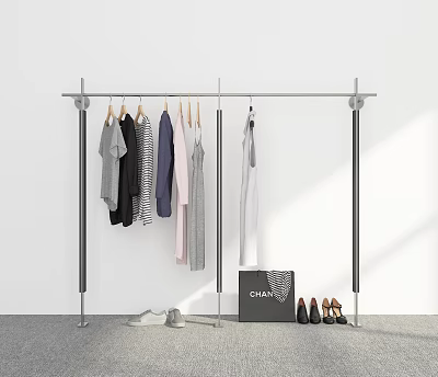 Metal Clothes Rack With Hanging Clothes Shoes High Heels And Storage Box 3d model