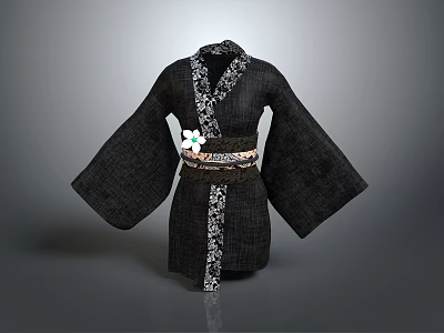 Black Kimono With White Patterns And Decorative Belt Adorned With White Flower 3d model