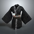 Black Kimono With White Patterns And Decorative Belt Adorned With White Flower