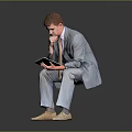 Man In Gray Suit Sitting Holding Tablet With Hand On Mouth Thinking