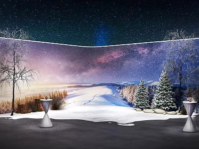 Starry Night Winter Landscape With Snow Covered Trees And White Tables 3d model