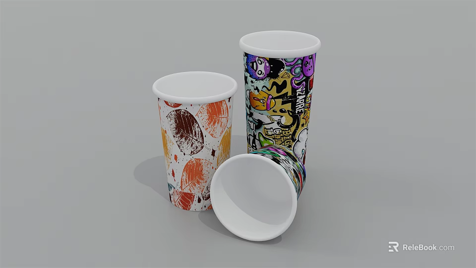 Colorful Graffiti Patterned Paper Cups Two Standing and One Upside Down on Gray Background 3d model