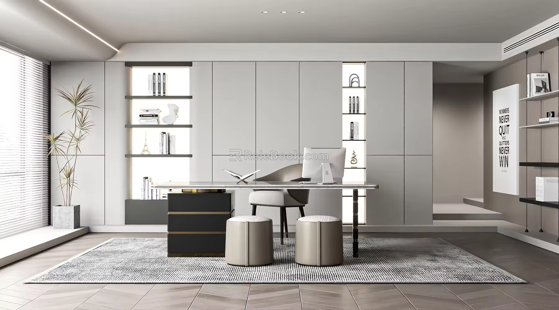 Modern Study Desk Bookcase 3d model