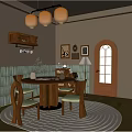 Cozy Restaurant Interior With Round Wooden Table Chairs Green Cushions Decorative Paintings Wooden Wall Cabinet