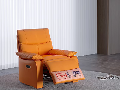 Orange Massage Chair With Armrest Pads Reclined Leg Rest EERS Logo White Blinds Wooden Floor 3d model