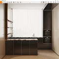 Modern Kitchen With White Vertical Blinds Black Cabinets Countertop And Built In Ovens