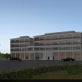 Modern Multi Story Office Building Exterior With Large Glass Windows Main Entrance And Parking Area