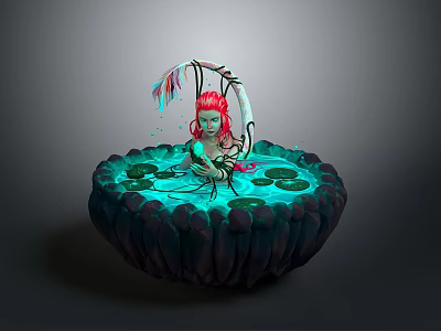 Red Haired Female Character In Glowing Pool With Lily Pads And Aquatic Creatures 3d model
