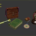 Vintage Adventure Items Including Leather Bag Green Book Compass Lantern Telescope And Box