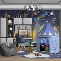 Starry Theme Kids Room with Play Tent Shelves Bean Bag Chair Chandelier and Toys Rug
