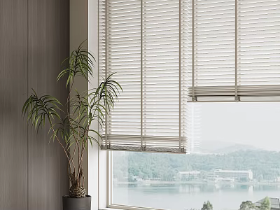 Modern Window Blinds In Living Room With Potted Plant And Lake View 3d model