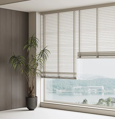Modern Window Blinds In Living Room With Potted Plant And Lake View 3d model